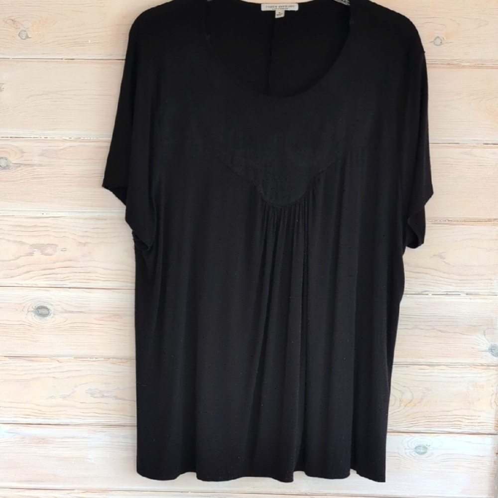 Green Envelope Black Short Sleeve Top, Plus Sz 3X, Sheer Yoke w/Lace Embroidery